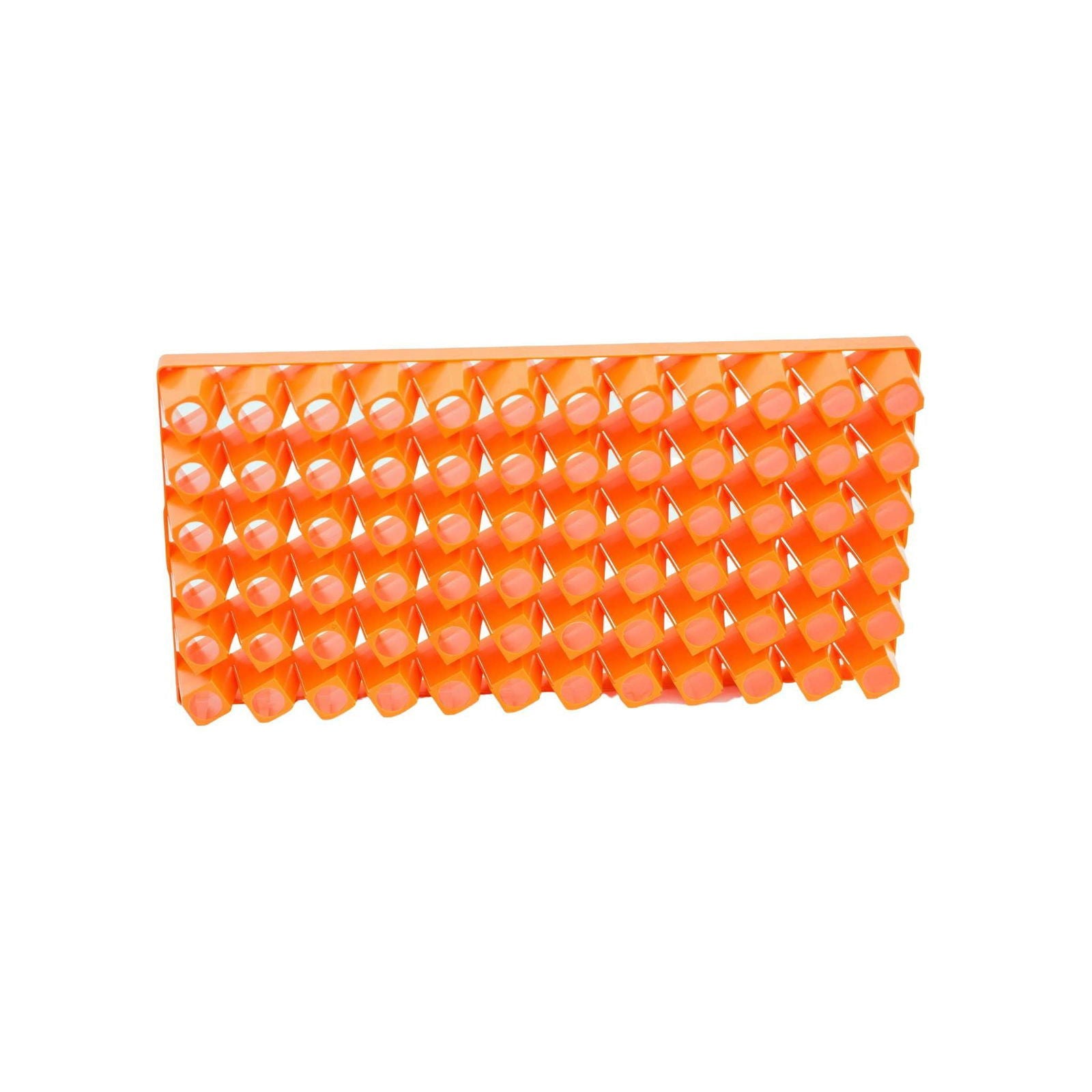 Plastic abstract artwork featuring a vibrant orange grid pattern with repeating geometric shapes and a three dimensional effect
