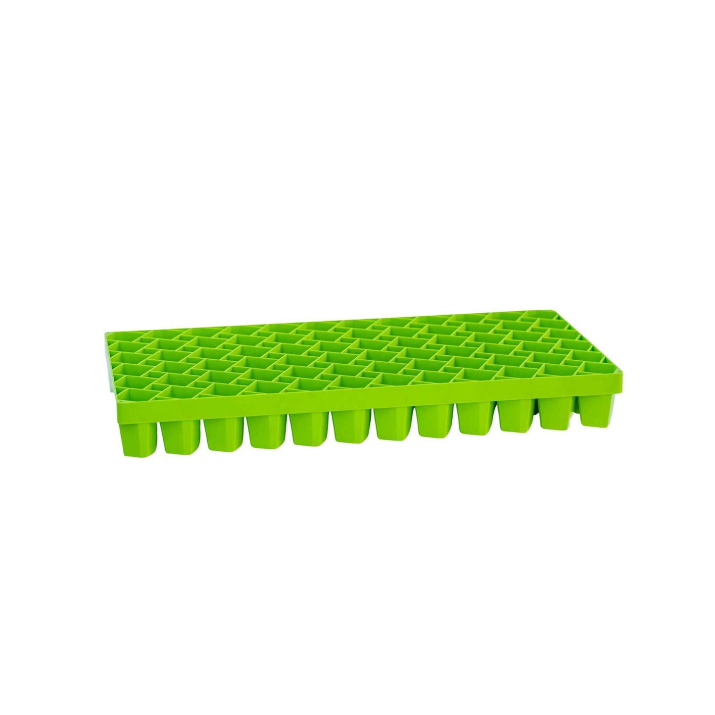Plastic seedling tray showing vibrant green color individual cells and a grid pattern ideal for starting seeds indoors.
