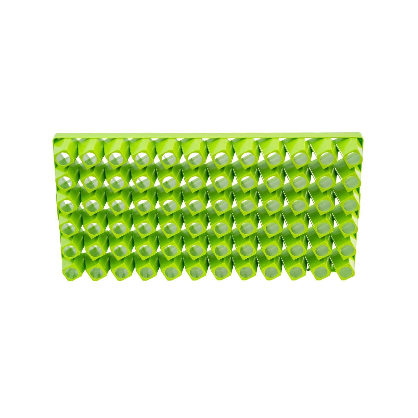 3D render of a lime green geometric abstract structure with repeating cylindrical shapes and translucent circular cutouts showing a bright background
