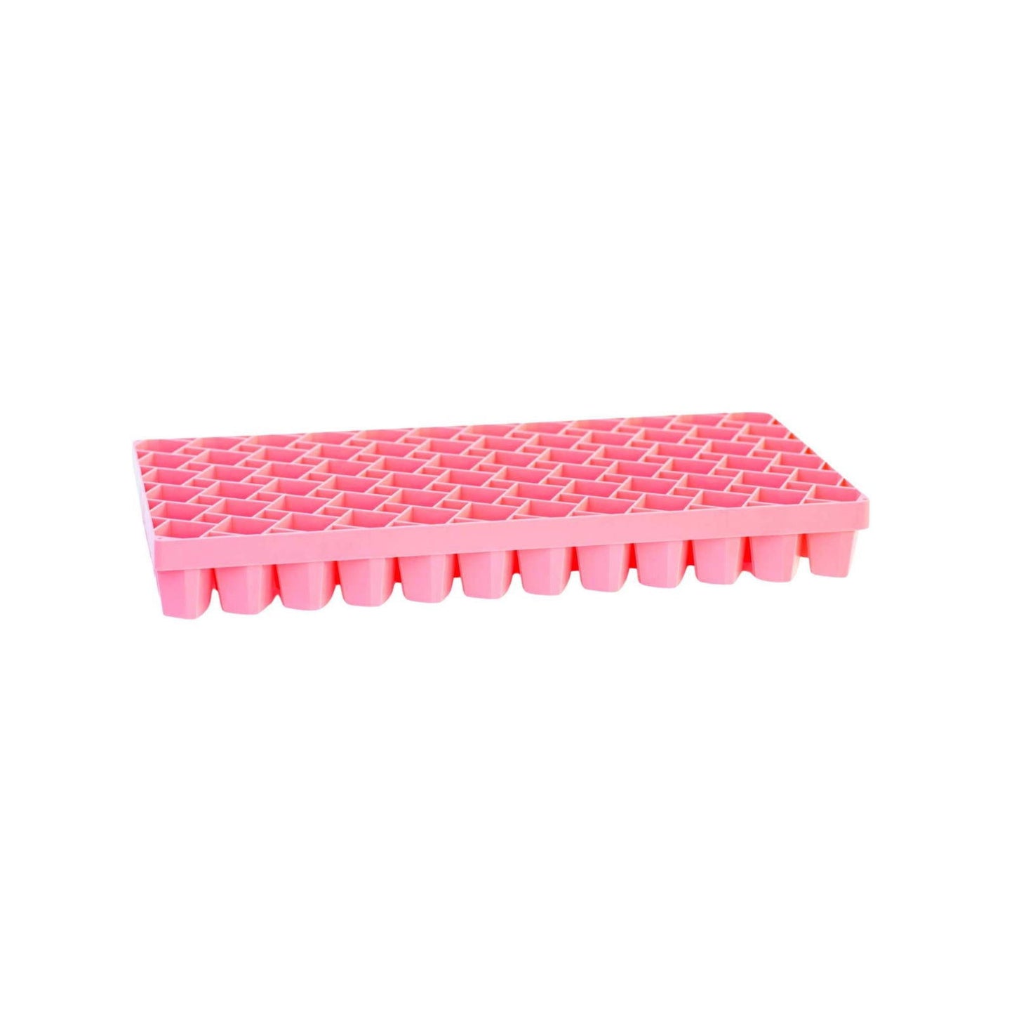 Plastic pink seed starting tray with numerous small compartments and a lattice top showing vibrant color and detailed texture
