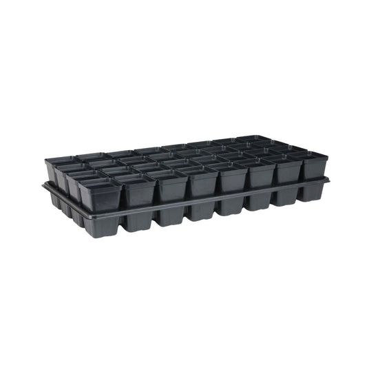 Plastic tray of thirty-six square black plant pots ideal for starting seeds or cuttings showcasing a uniform arrangement and deep matte texture
