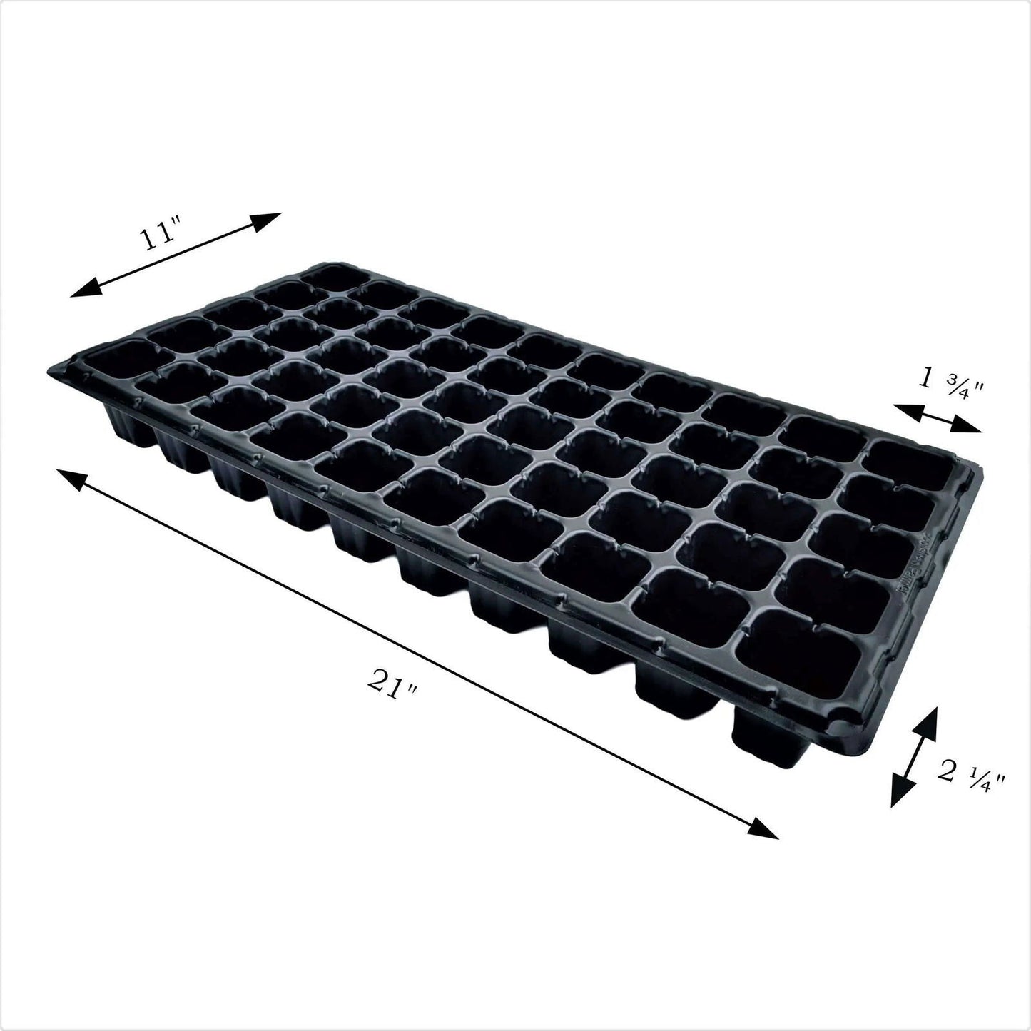 Plastic seedling tray showing 40 individual cells  a 21 inch length and a  black color with a grid pattern and slightly raised edges
