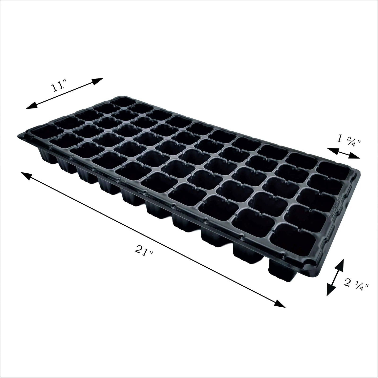 Plastic seedling tray showing 40 individual cells  a 21 inch length and a  black color with a grid pattern and slightly raised edges
