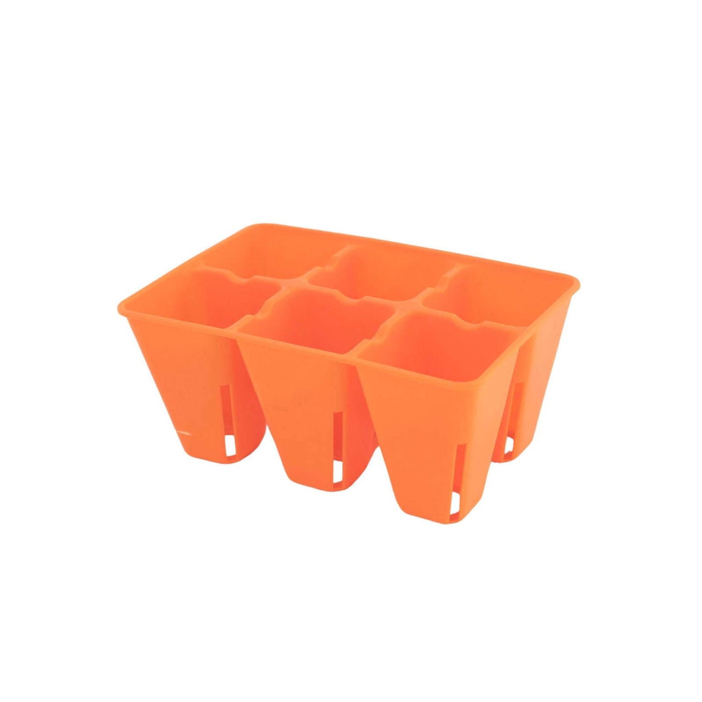 The Bootstrap Farmer 6 Cell Plug Tray Inserts in orange are plastic seedling trays, perfect for starting seeds or growing small plants. Shown on a white background, they're ideal for gardeners seeking efficient seed trays for healthy plant growth.