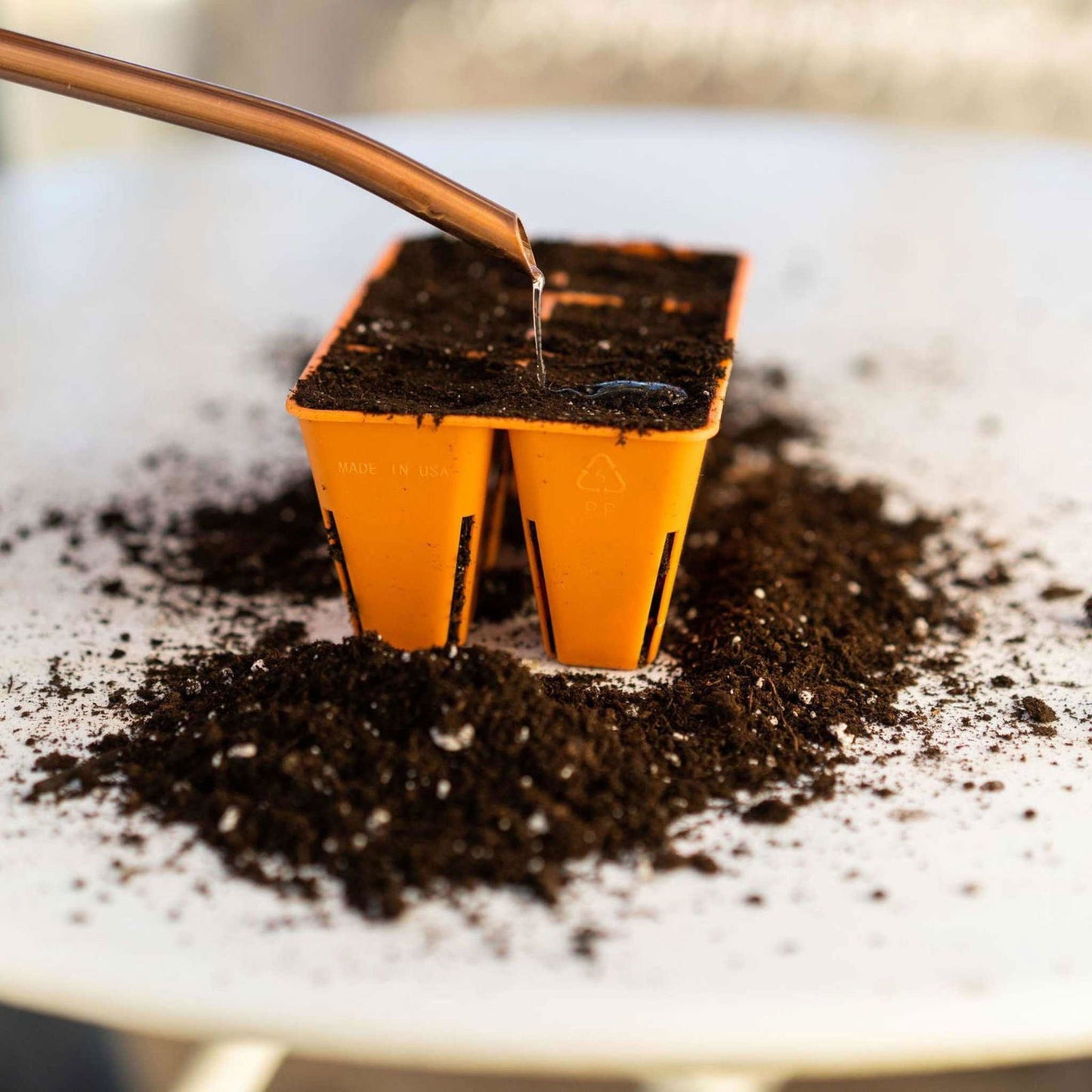 Close-up of water being poured into a Bootstrap Farmer 6 Cell Plug Tray Inserts Colors, filled with soil. Loose soil surrounds the tray on a white surface.