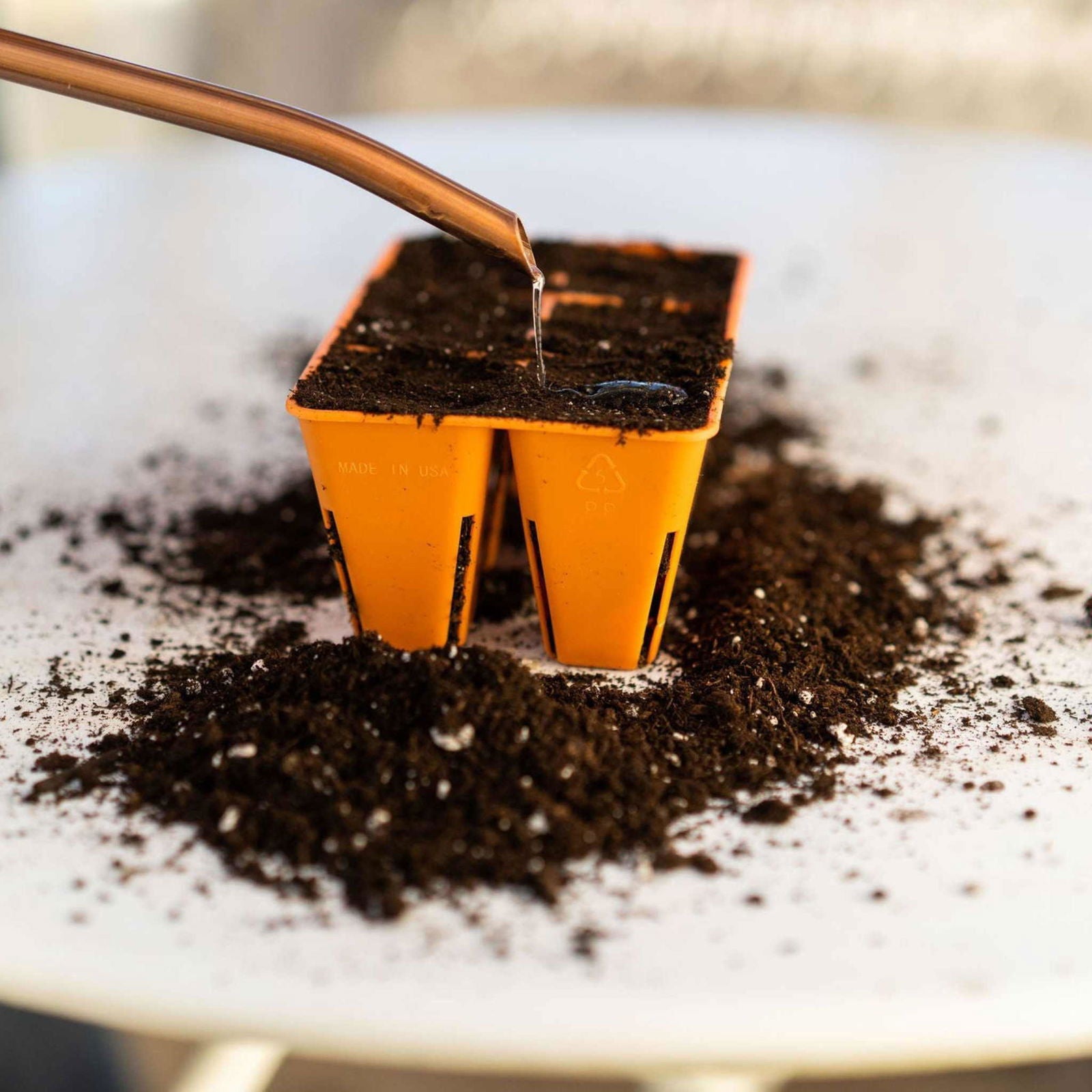 Close-up of water being poured into a Bootstrap Farmer 6 Cell Plug Tray Inserts Colors, filled with soil. Loose soil surrounds the tray on a white surface.