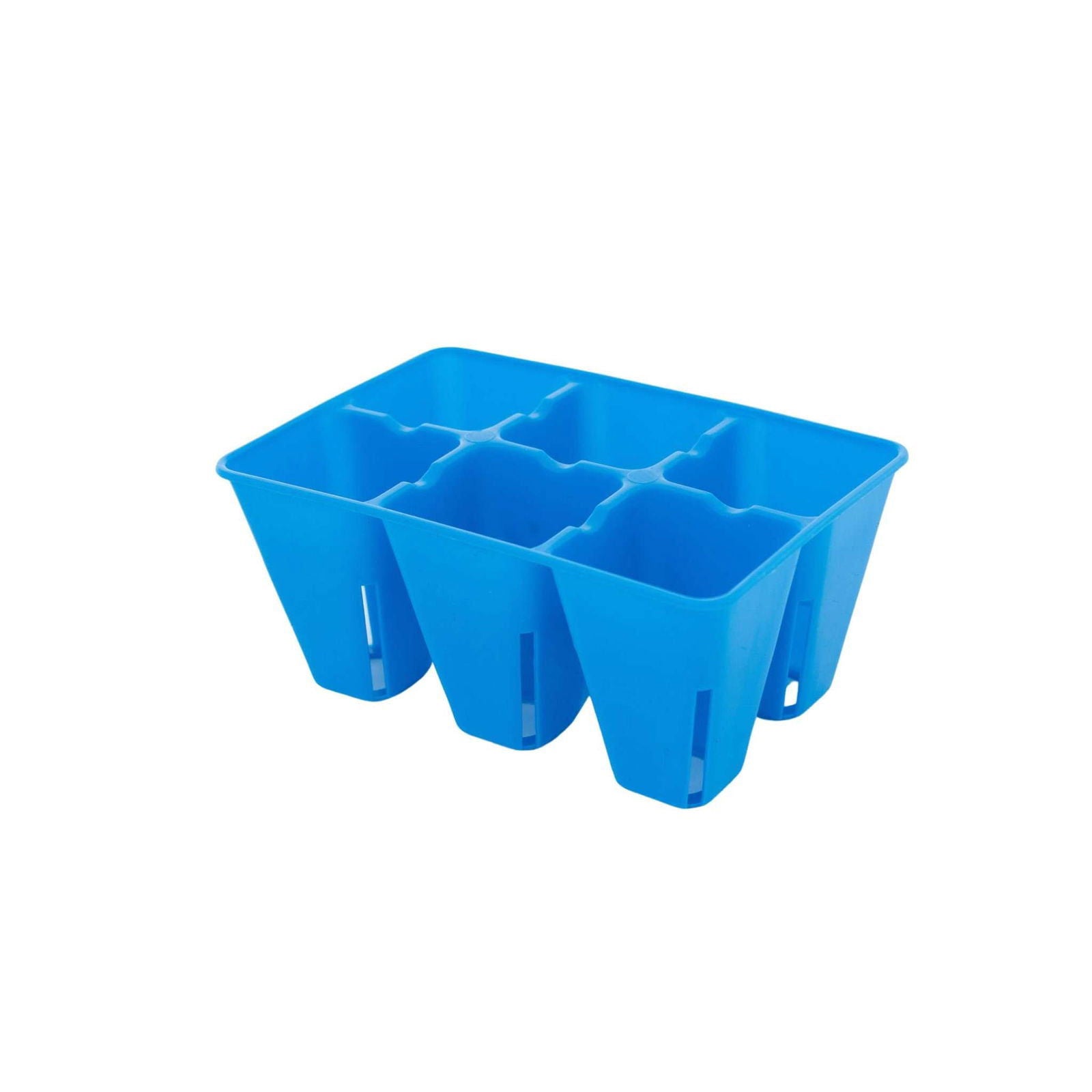The Bootstrap Farmer 6 Cell Plug Tray Inserts Colors feature blue plastic with individual square compartments, slotted sides for drainage, and air prune technology—ideal for starting seedlings and promoting healthy root growth.