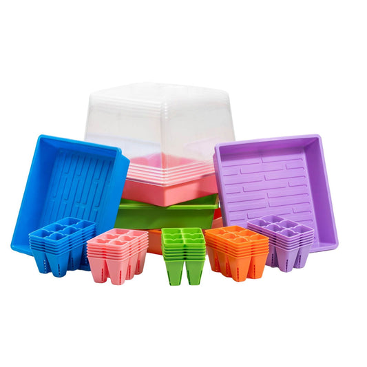 Bootstrap Farmer’s Seed Starting Workshop Bundle includes colorful trays in blue, purple, and pink; small pots in pink, green, and orange; plus a clear humidity dome—ideal for gardening clubs or workshops. All staged on a white background.