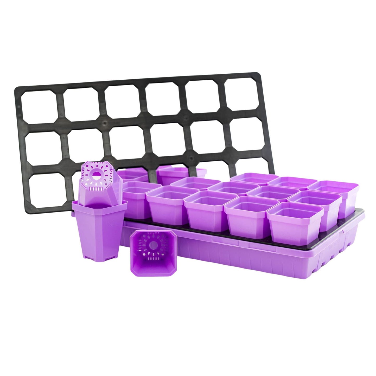 Bootstrap Farmer 3.3-inch heavy-duty seed starting cell trays with colorful pots and inserts for gardening and seed propagation.