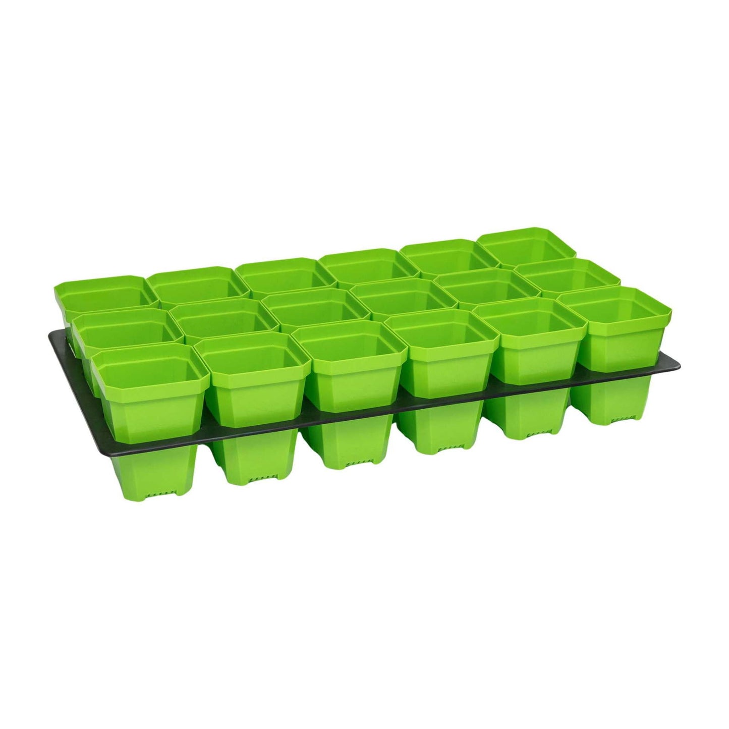 Bootstrap Farmer 3.3-inch heavy-duty seed starting pots with inserts in a colorful cell tray for planting seedlings.