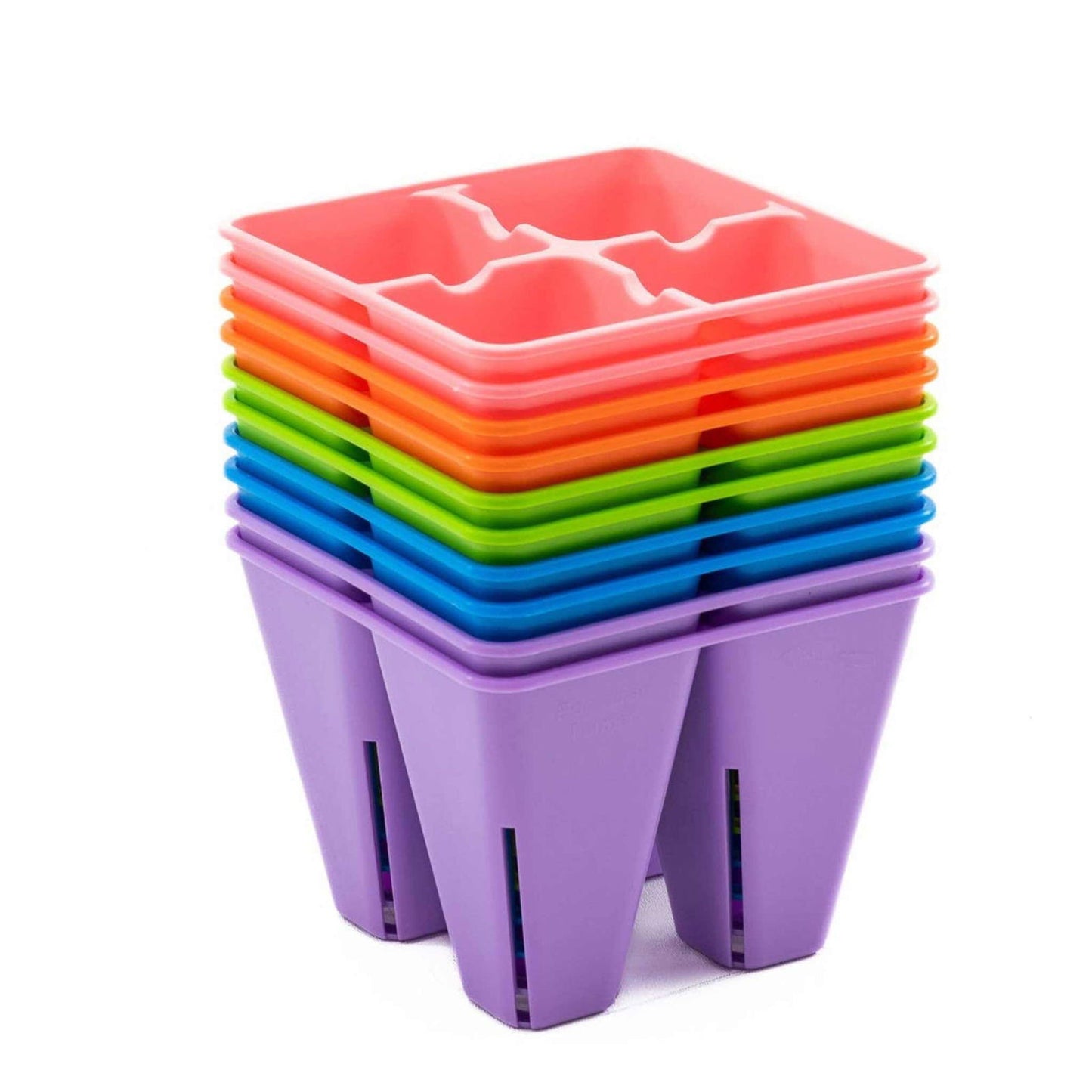 Plastic stackable seed starter trays in pink orange green blue and purple showing individual cells and drainage slits
