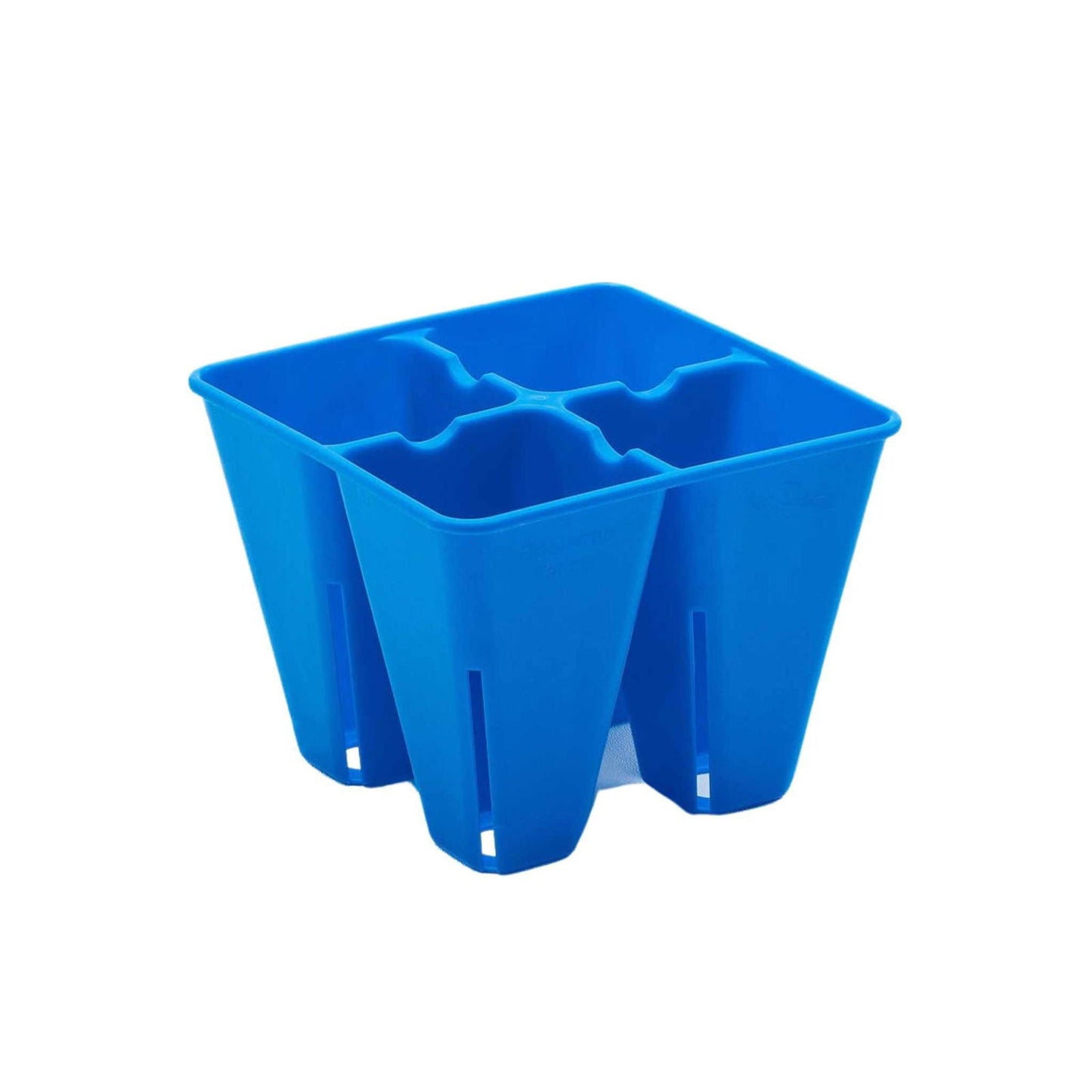 Plastic four-section planter bright blue vibrant color drainage slits square shape
