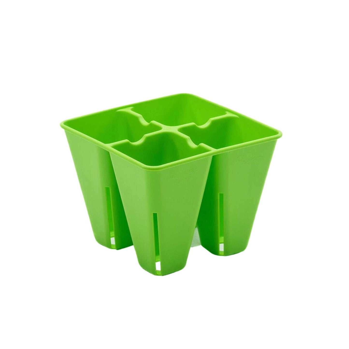 Plastic four-section planter bright lime green color with drainage slits and square base ideal for small plants