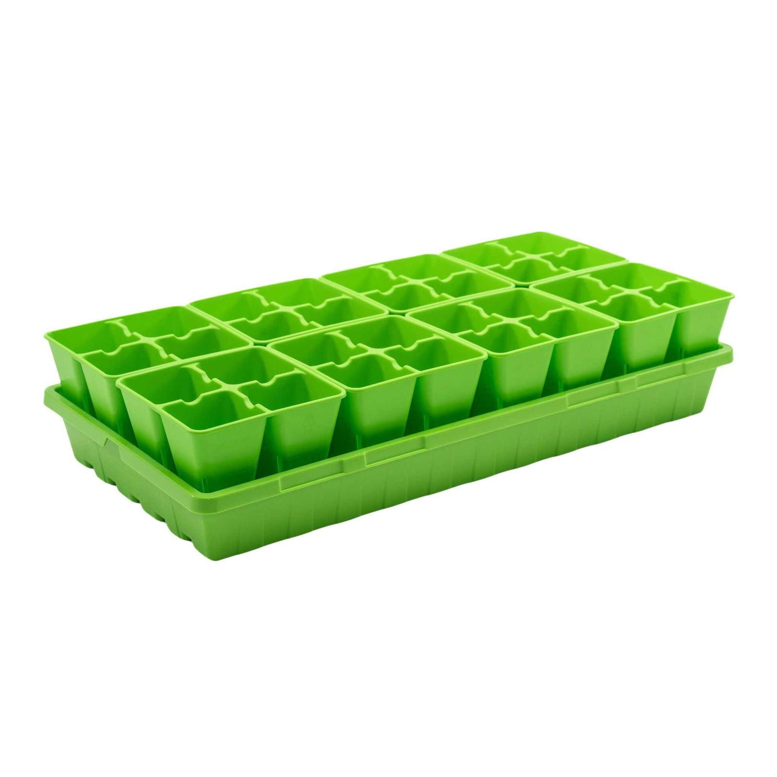 Plastic seedling tray with twenty-four bright green individual cells showing ribbed texture and a slightly raised base for drainage against a white background
