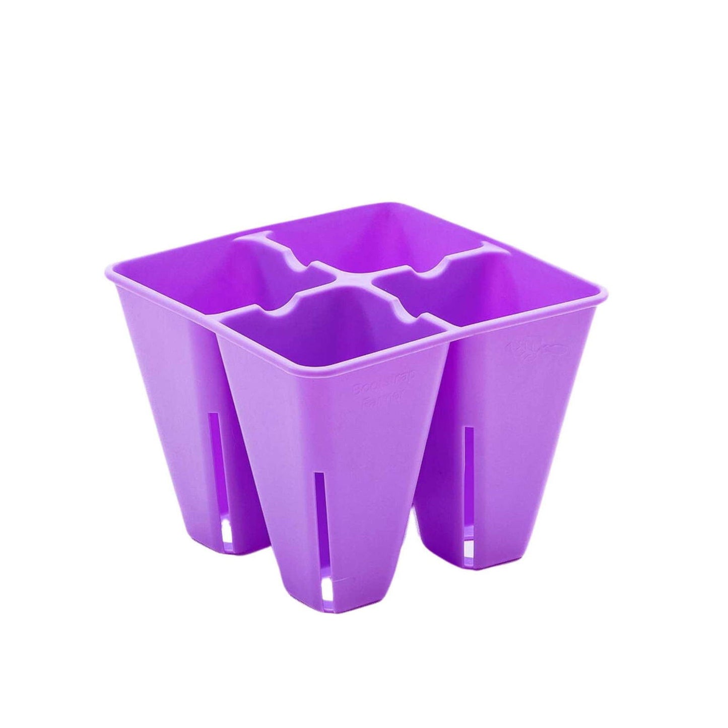 Plastic four-section lavender purple planter with drainage slots ideal for seedlings showing vibrant color and unique design

