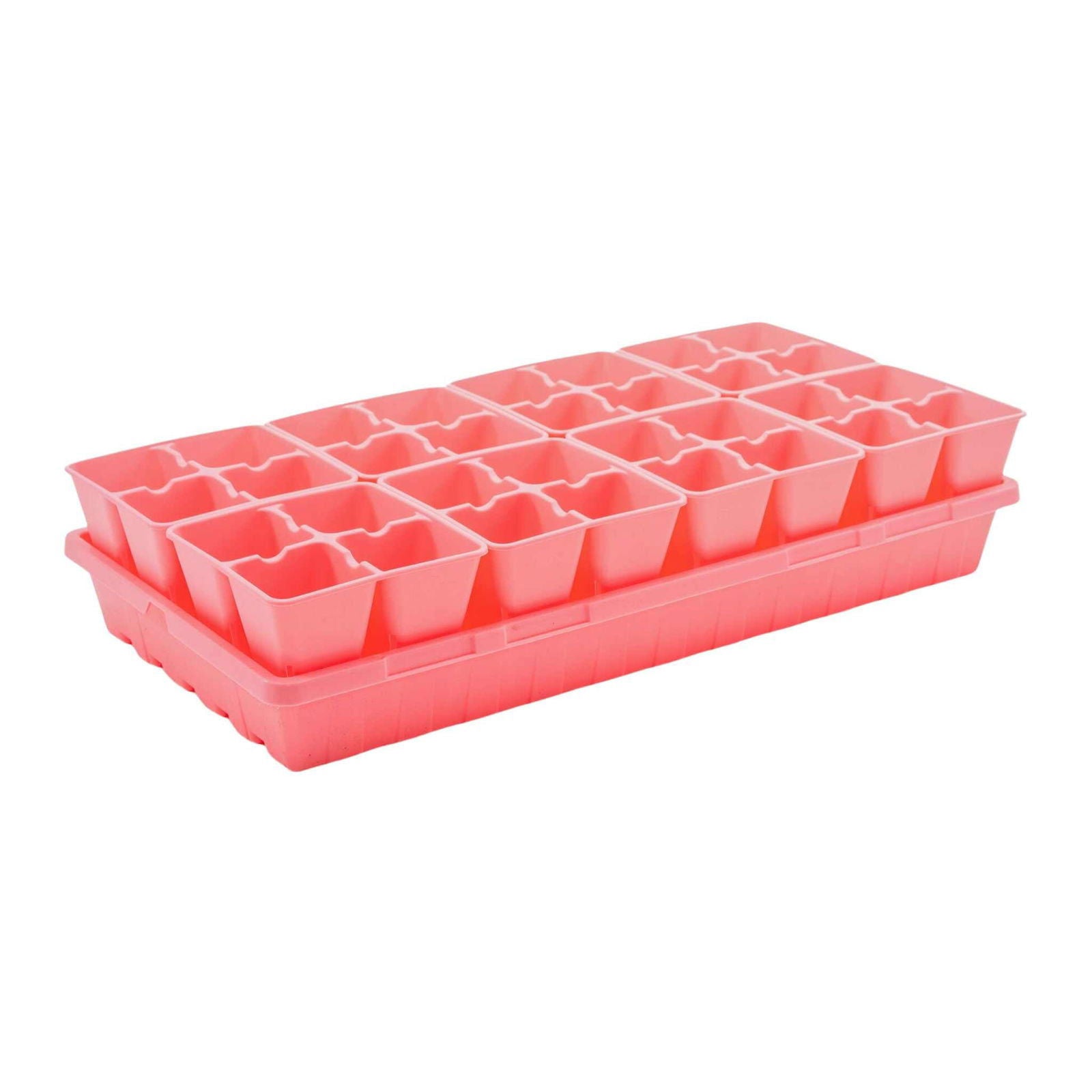 The Bootstrap Farmer 4 Cell Plug Tray Inserts are pink plastic trays with 18 square cells in total, designed for starting seeds or seedlings. Each features air prune plugs and is shown against a white background.