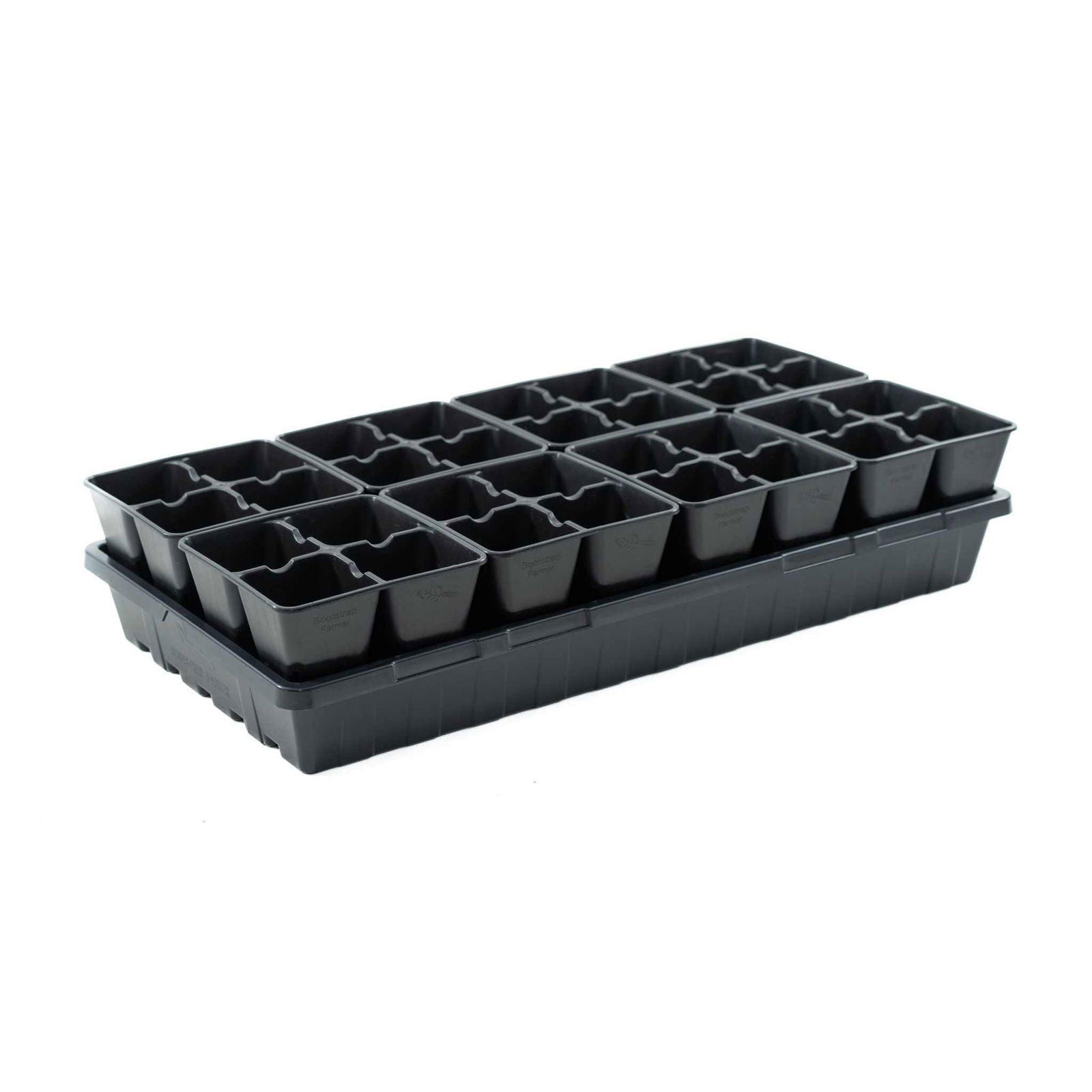 The Bootstrap Farmer 4 Cell Plug Tray Inserts are black plastic seedling trays with 18 square compartments, ideal for starting seeds or small plants. Compatible with air prune plug inserts and USA-made seed trays; shown on a white background.