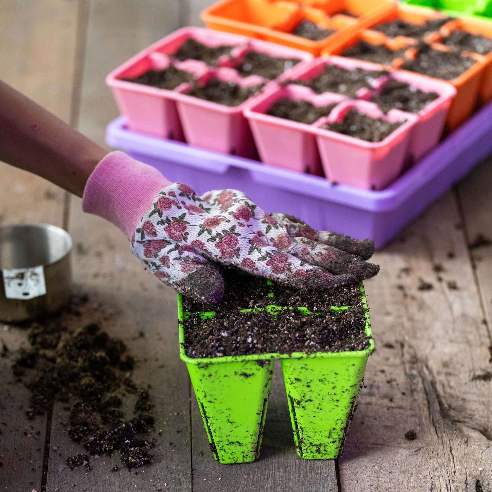 Photograph of a hand in a floral gardening glove planting dark soil into a bright green seed tray next to pink and orange seed starter trays on a rustic wooden surface.