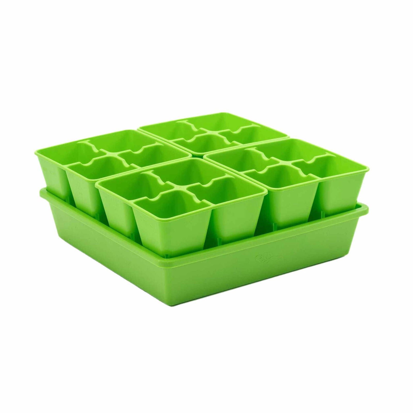 Plastic eight-cell seed starter tray in bright green showcasing individual cells and a square base ideal for starting seeds indoors
