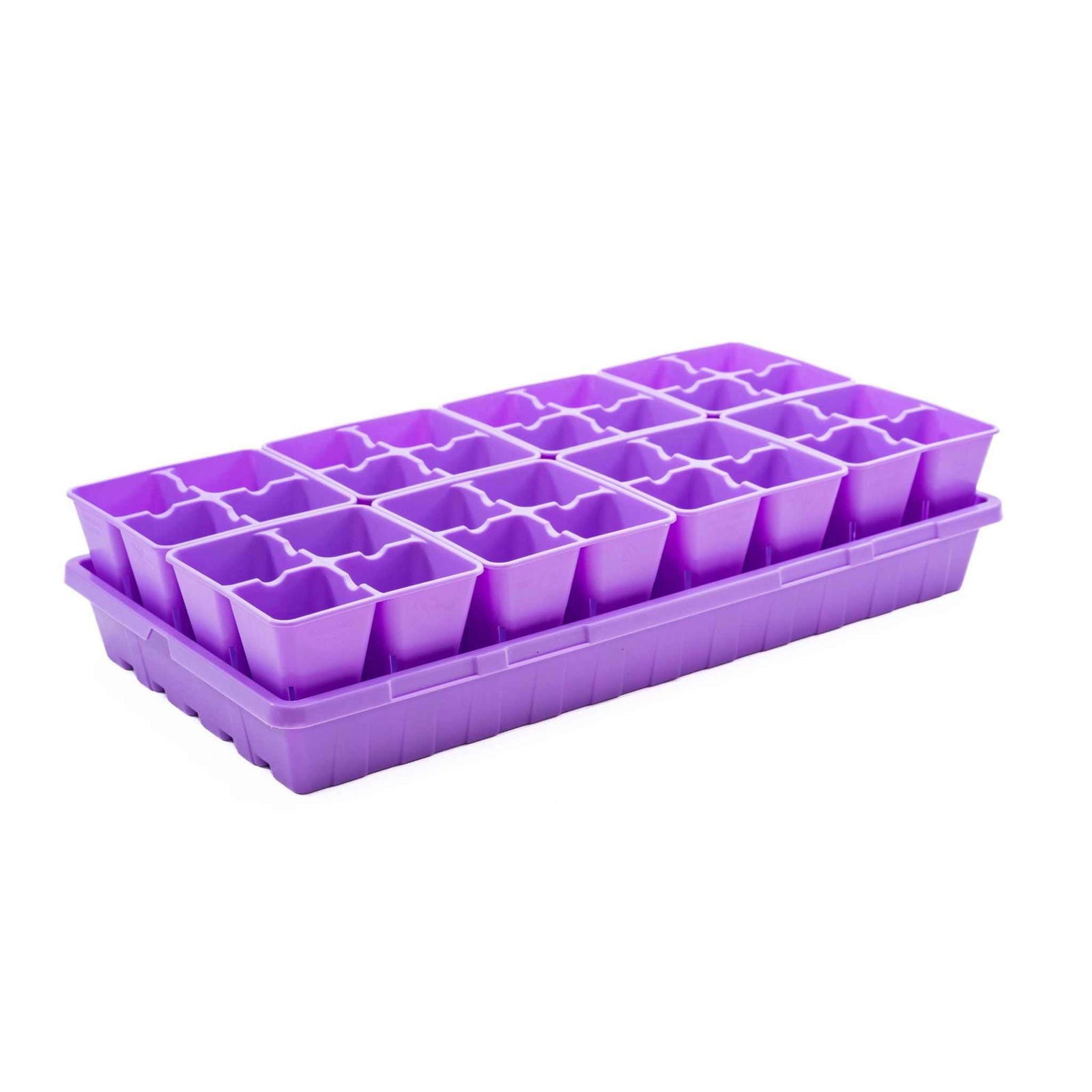 Plastic seedling tray with sixteen lavender-colored compartments and ribbed base for starting seeds indoors, showcasing its vibrant hue and practical design for gardening

