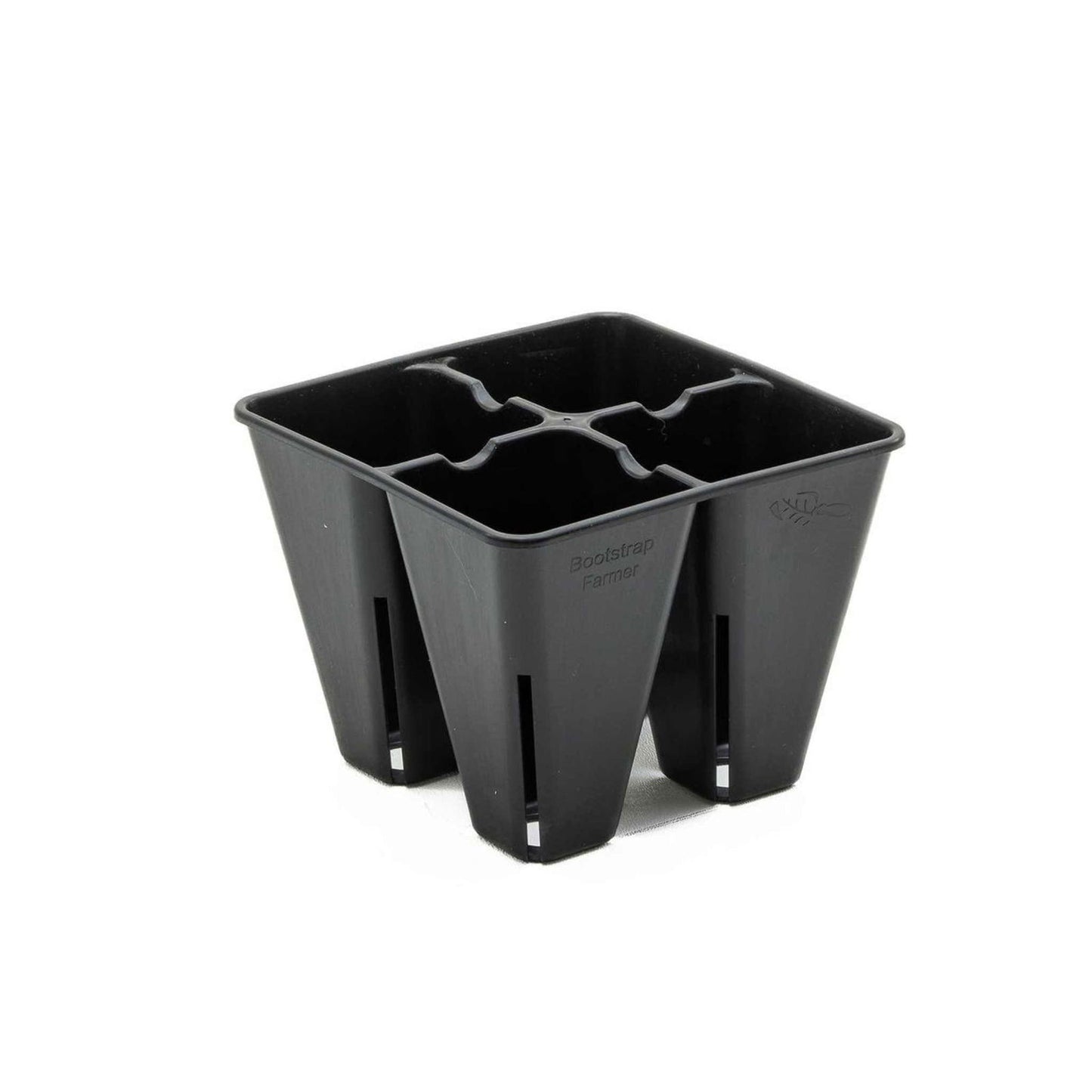 The Bootstrap Farmer 4 Cell Plug Tray Inserts are black, plastic, USA-made trays with four deep, square bottomless cells for drainage and plant propagation; they’re compatible with air prune plug inserts for healthier roots.
