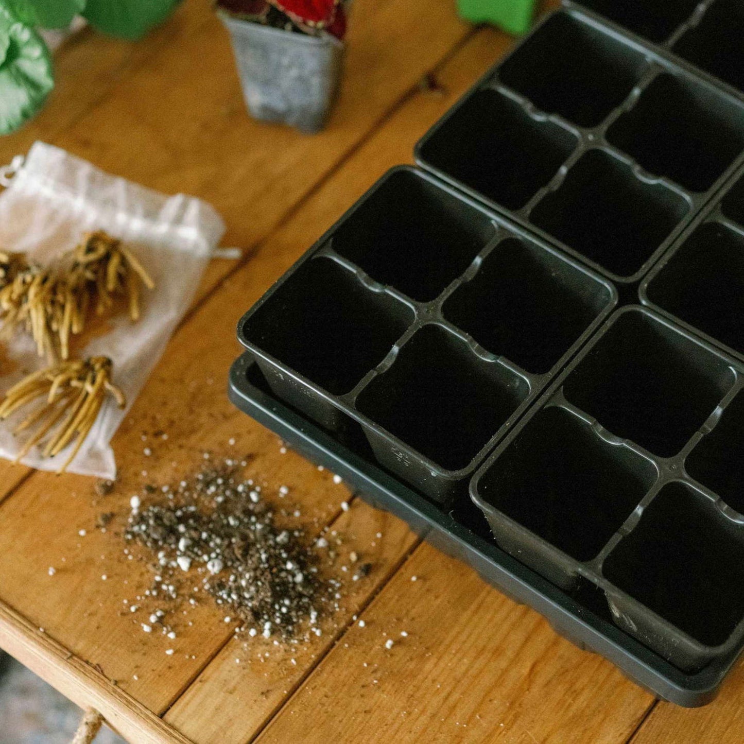 A Bootstrap Farmer 4 Cell Plug Tray Insert with empty black cells sits on a wooden table near soil, dry plant roots in a mesh bag, and a potted plant—ideal for air prune plug inserts.