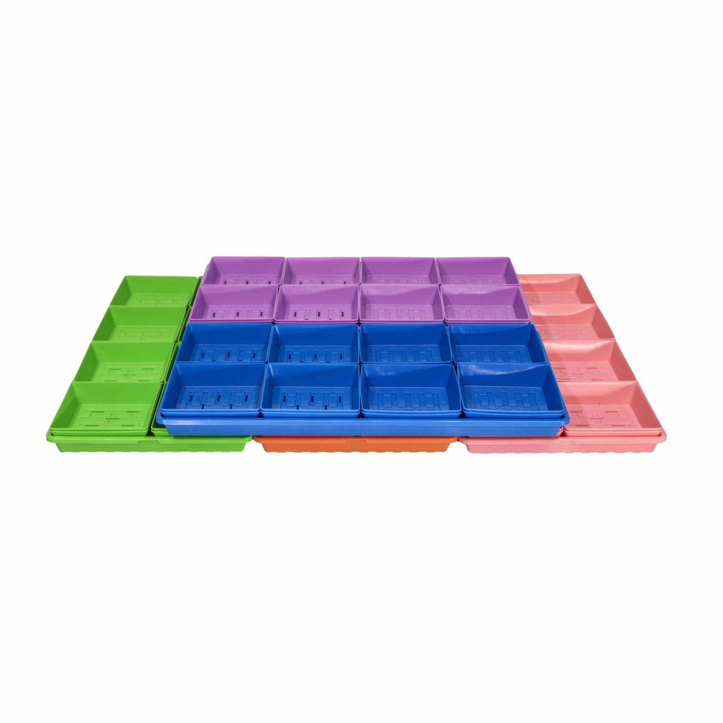 Plastic seedling trays in green, purple, blue, and pink showing drainage holes and stacked for organization
