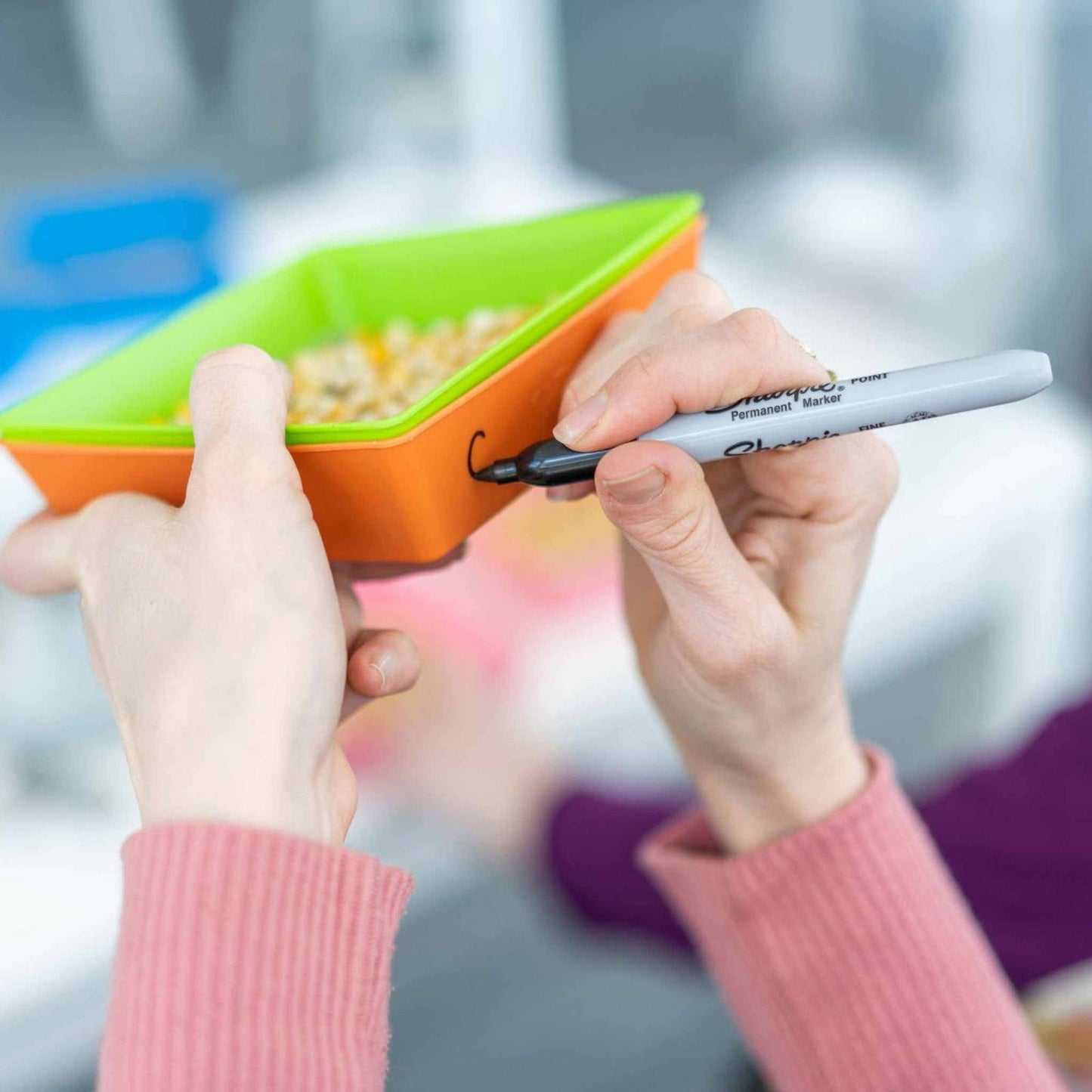Photograph of hands using a gray Sharpie fine point permanent marker to label a bright orange and green layered plastic container filled with light yellow and orange popcorn-like kernels
