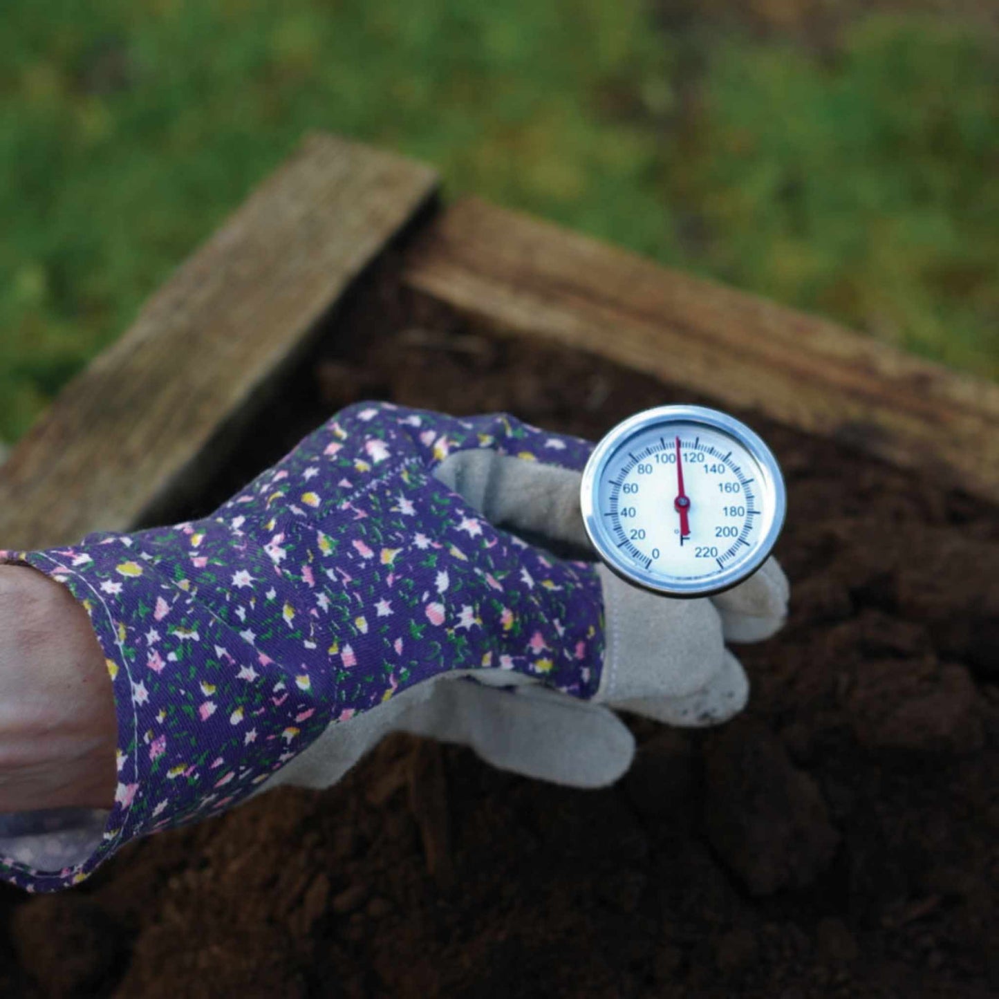 Luster Leaf Rapitest Dial Compost Thermometer by Bootstrap Farmer showing dial display and temperature scale for composting.