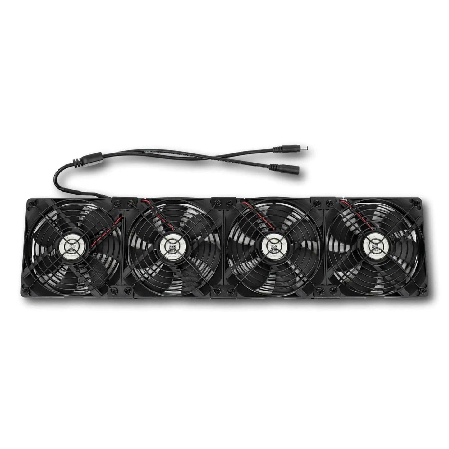 Product shot of a black four-fan cooling system with visible red wiring and a black power cord against a white background
