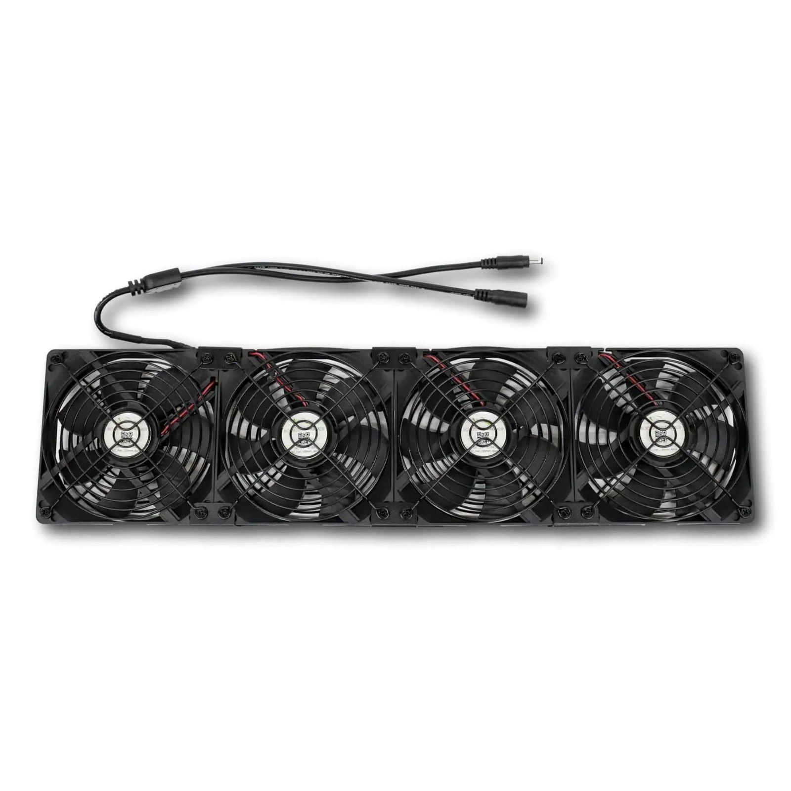Product shot of a black four-fan cooling system with visible red wiring and a black power cord against a white background
