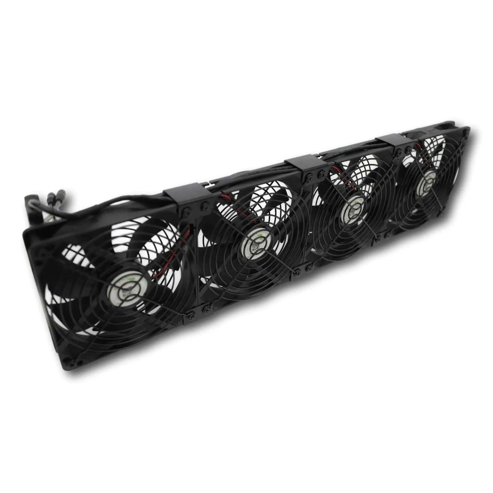 Product shot of a black four-fan cooling system with visible wiring and small green lights against a white background

