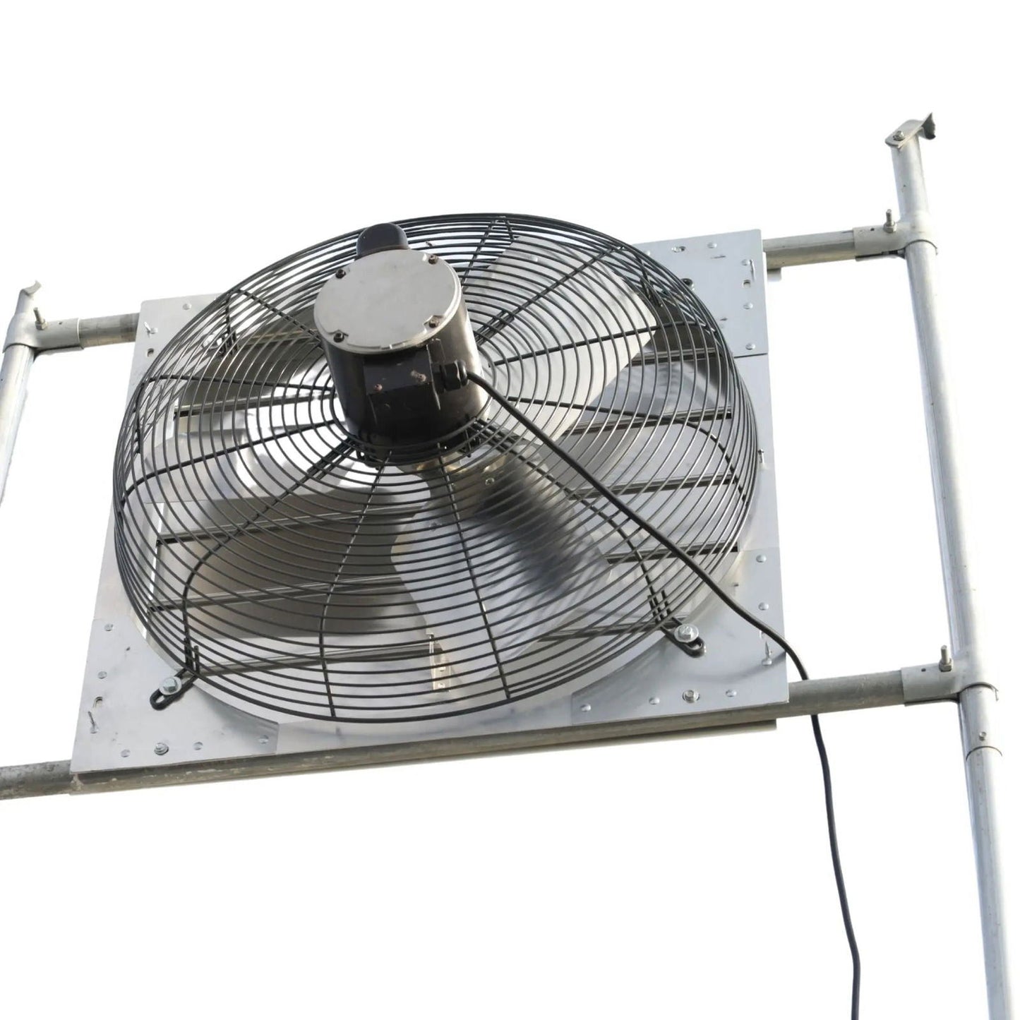 The Bootstrap Farmer Greenhouse Shutter Mount Exhaust Fan features metal blades, a protective grill, and a square frame supported by two vertical pipes—perfect for cooling greenhouses or hoop houses. Power cord included; shown against a plain white background.