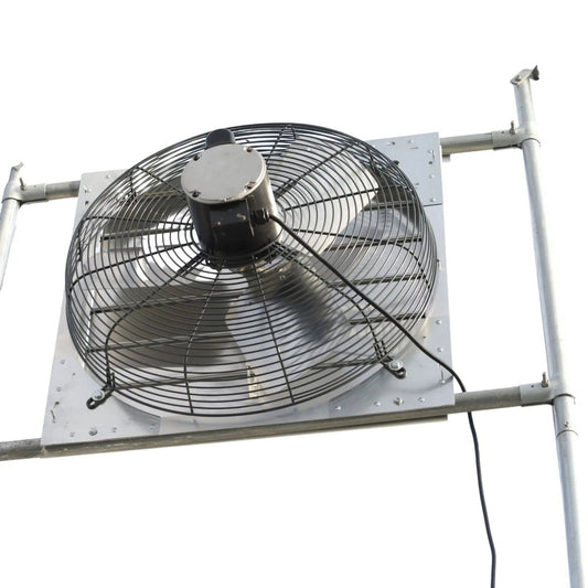 The Bootstrap Farmer Greenhouse Shutter Mount Exhaust Fan features metal blades, a protective grill, and a square frame supported by two vertical pipes—perfect for cooling greenhouses or hoop houses. Power cord included; shown against a plain white background.