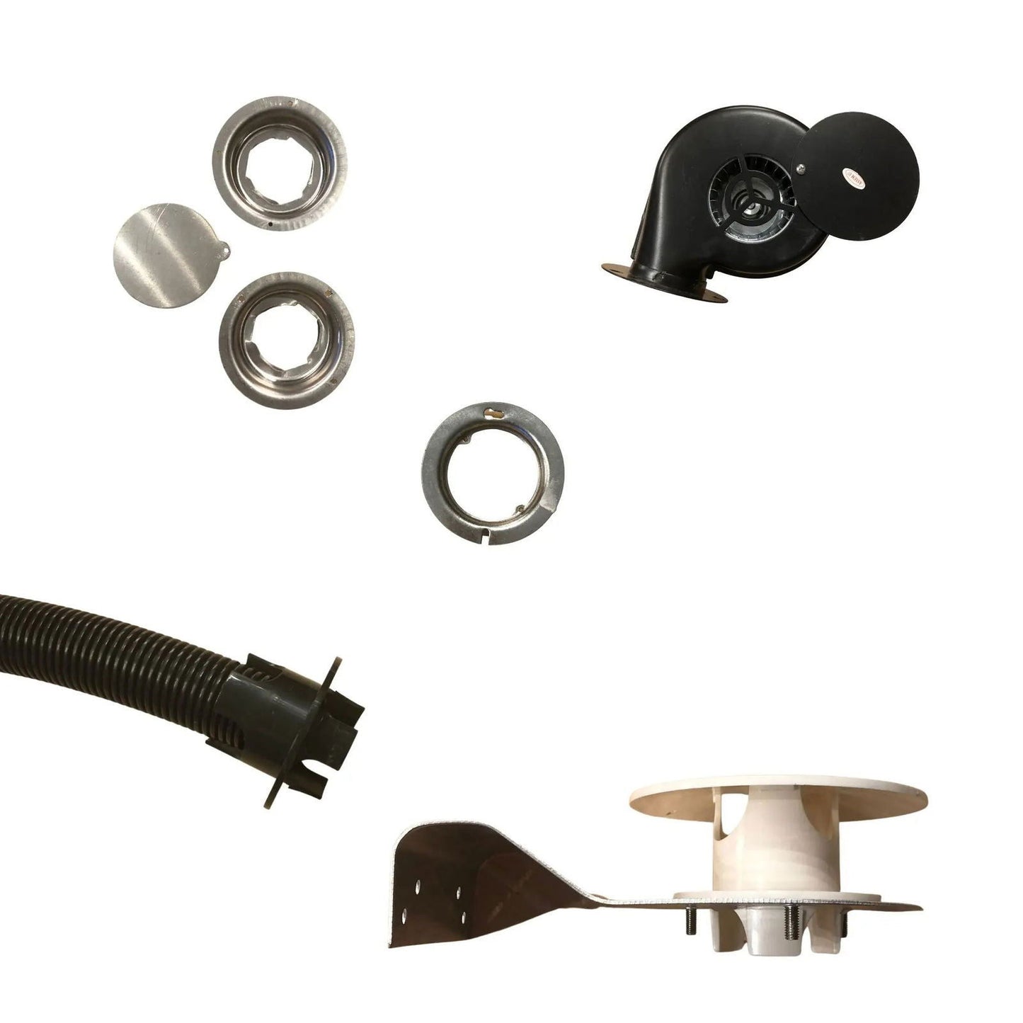 Bootstrap Farmer’s Greenhouse Air Inflation Kit includes a black flexible pipe, metal/plastic flanges, a white drain assembly, and a black elbow—perfect for reducing condensation in insulated greenhouse plastic.