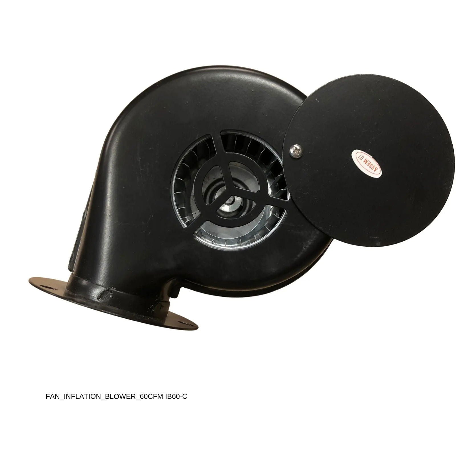 The Bootstrap Farmer Greenhouse Air Inflation Kit features a black blower fan with a circular vent and open cover revealing internal blades, ideal for reducing condensation when used with insulated greenhouse plastic. Label: FAN_INFLATION_BLOWER_60CFM_IB60-C.