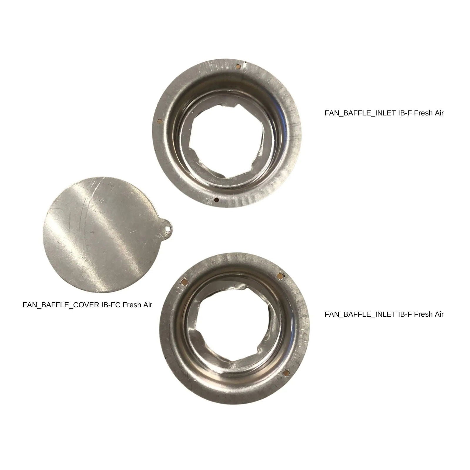 Three metal components are shown: two circular fan baffles and one cover, all labeled for the Bootstrap Farmer Greenhouse Air Inflation Kit, designed to reduce condensation in insulated greenhouse plastic. The cover is left of the baffles.