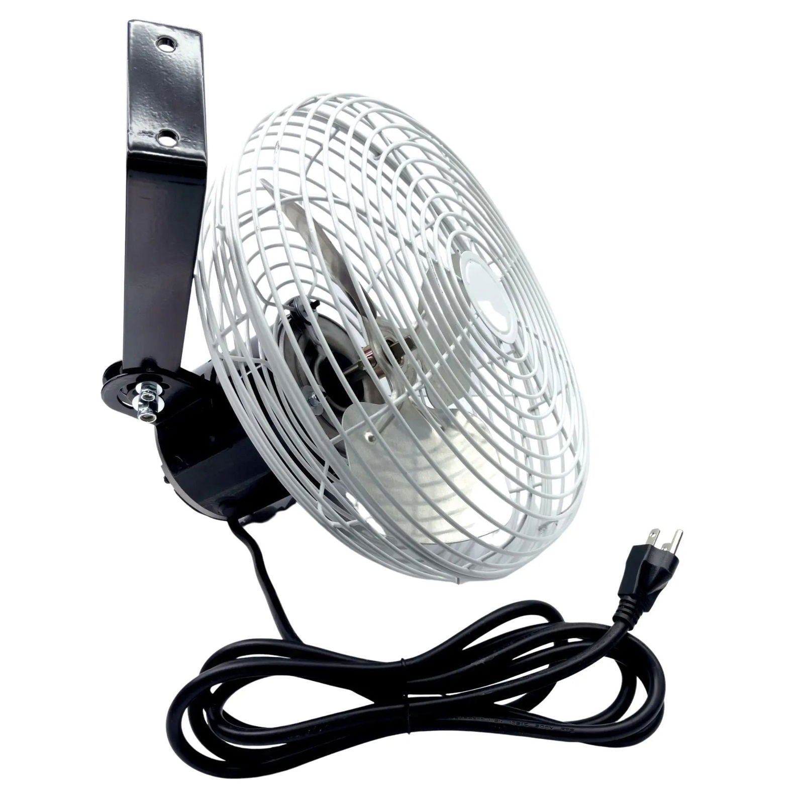 Product shot of a white and black wall-mounted electric fan with a circular guard featuring a coiled black power cord and a metallic, three-prong plug

