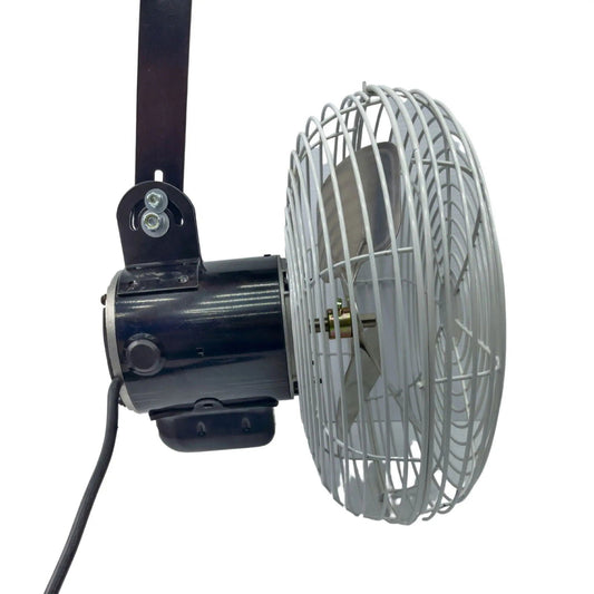 Product shot of a black and gray industrial fan with a protective metal cage showing silver blades and mounting bracket
