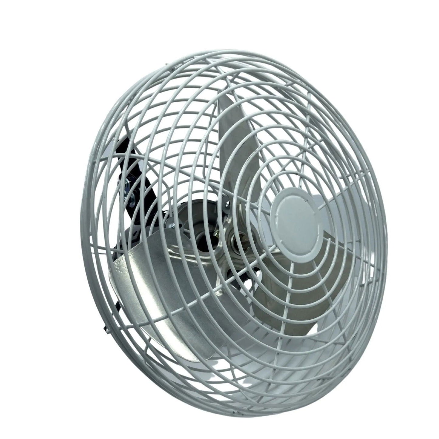 Product shot of a white metal industrial fan with three blades and a circular guard showcasing its metallic sheen and detailed framework
