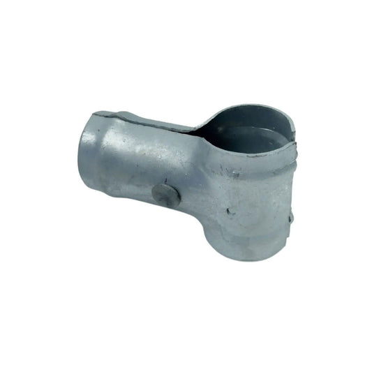 The Bootstrap Farmer Shutter Exhaust Fan Hardware Kit features a silver metal 90-degree pipe connector, ideal for joining two cylindrical pipes in a greenhouse frame, shown against a white background.