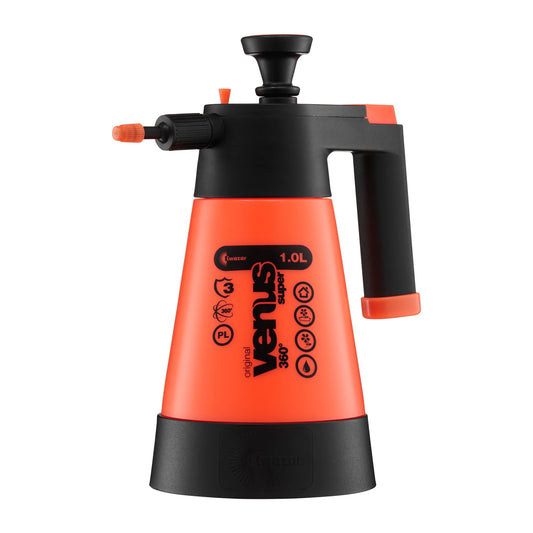 The Bootstrap Farmer Kwazar Venus Handheld Pump Sprayer is a red and black 1.0L sprayer with measurement markings, right-side handle, and left-side nozzle—perfect for gardening or cleaning tasks.