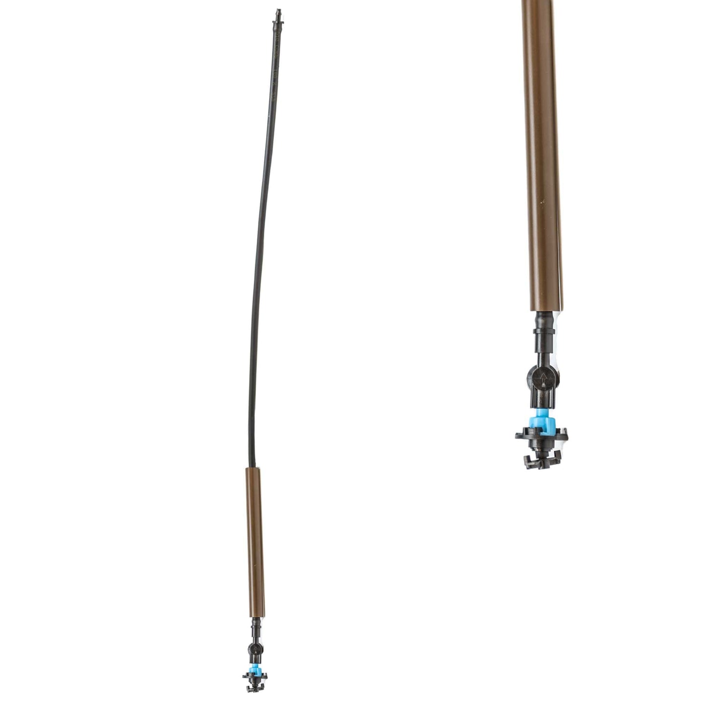 A flexible black and brown cable from Bootstrap Farmers Overhead Irrigation Kit is displayed on a white background, shown both full length and zoomed in on its blue and metallic connector—ideal for greenhouse or overhead irrigation use.