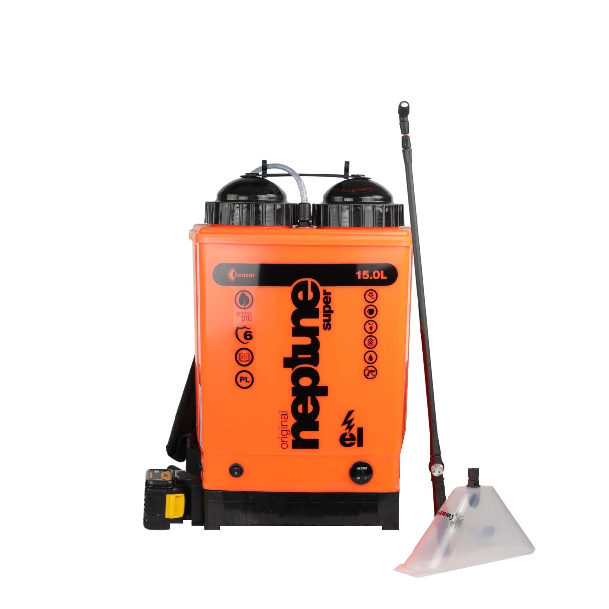 The Kwazar Neptune Commercial 15L Backpack Sprayer by Bootstrap Farmer, in vibrant orange, comes with dual black caps, a hose, and a spray wand. It features side brand logos and includes an adjustable spray nozzle for precision tasks. Available in manual and electric options.