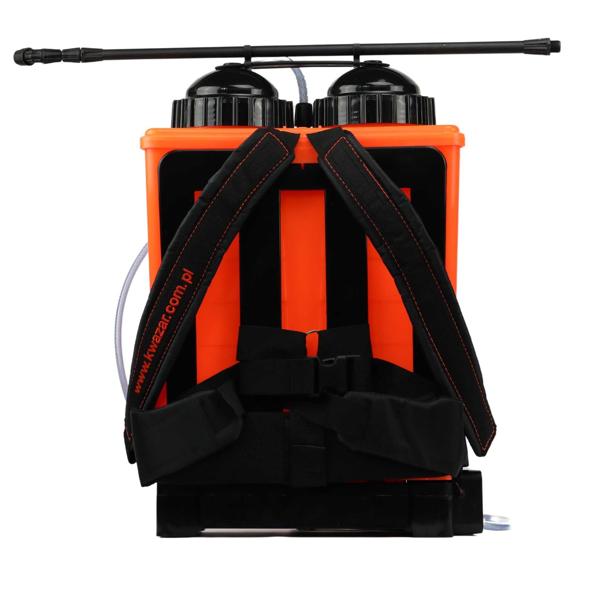 The Bootstrap Farmer Kwazar Neptune Commercial 15L Backpack Sprayer stands out in vibrant orange, featuring dual black tanks and a flexible spray nozzle. It includes padded black straps for comfort, a visible side hose, and offers both manual and electric options for versatile spraying.