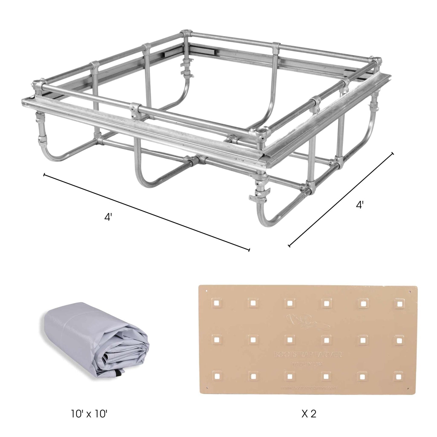 The Bootstrap Farmer Deep Water Culture (DWC) Kit features a silver metal frame, dimensions 4 x 4, ready for setup. A folded gray tarp, 10 x 10, lies on the left, and two beige panels with square cutouts on the right offer customizable options for sustainable farming.