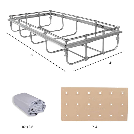 A metal frame structure (8 x 4) is shown with a rolled gray tarp (10’ x 14’) and four beige rectangular panels featuring square cutouts, forming a customizable modular system. This Deep Water Culture (DWC) Kit by Bootstrap Farmer is ideal for sustainable farming or hydroponics setups.