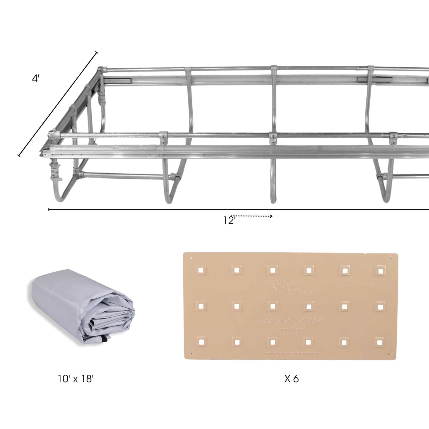 The Deep Water Culture (DWC) Kit by Bootstrap Farmer includes a customizable modular system with a 4 x 12 metal structure, a 10 x 18 folded gray tarp, and multiple-hole beige boards labeled x 6. Ideal for sustainable farming or hydroponic DWC setups.