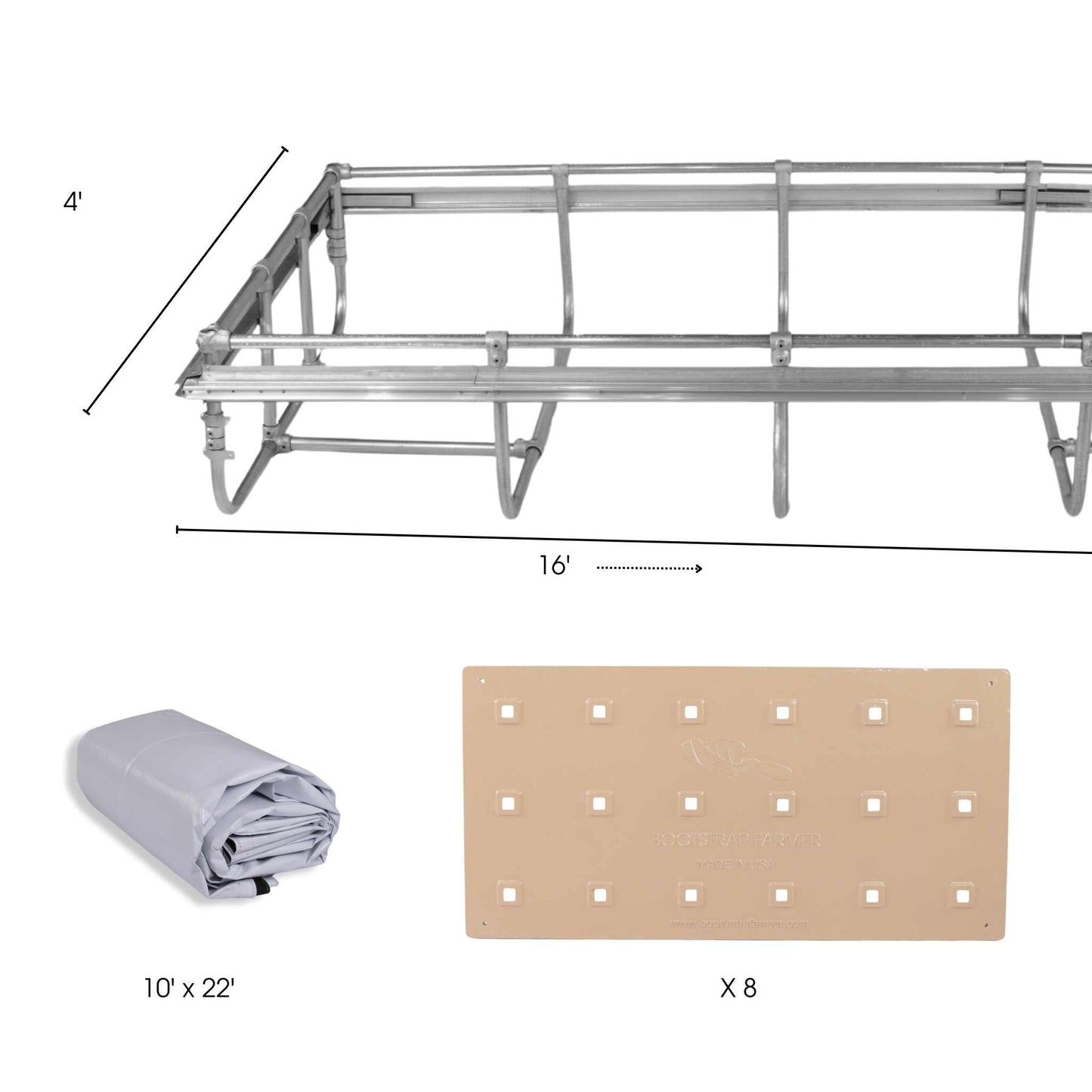 A modular rectangular metal rack (16 x 4), perfect for customizable systems, supports a 10 x 22 gray tarp and eight beige perforated supports from the Deep Water Culture Kit by Bootstrap Farmer, ideal for sustainable farming like Hydroponic DWC.