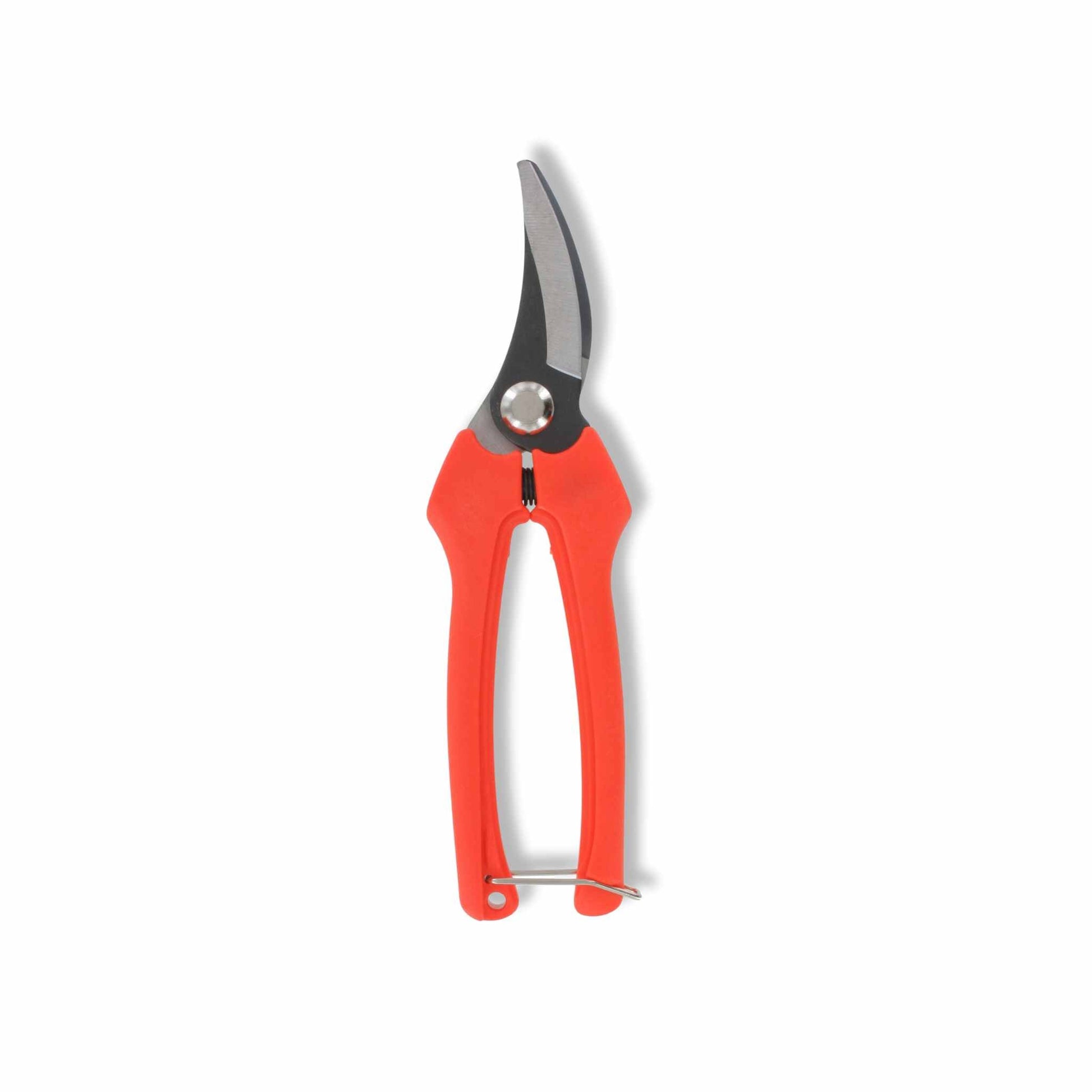 The Bootstrap Farmer Harvesting Pruning Shears | 185 mm feature red handles and a curved stainless steel blade on a white background, offering precision and durability.